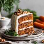 Triple-layer carrot cake topped with cream cheese frosting and chopped walnuts, served on a rustic ceramic plate with fresh carrots in the background.