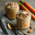 "Carrot cake overnight oats in jars topped with nuts and coconut, next to fresh carrots and almonds."