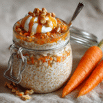 "Glass jar of carrot cake overnight oats layered with grated carrots, chia seeds, and topped with yogurt, caramel drizzle, and chopped walnuts, placed next to fresh whole carrots."