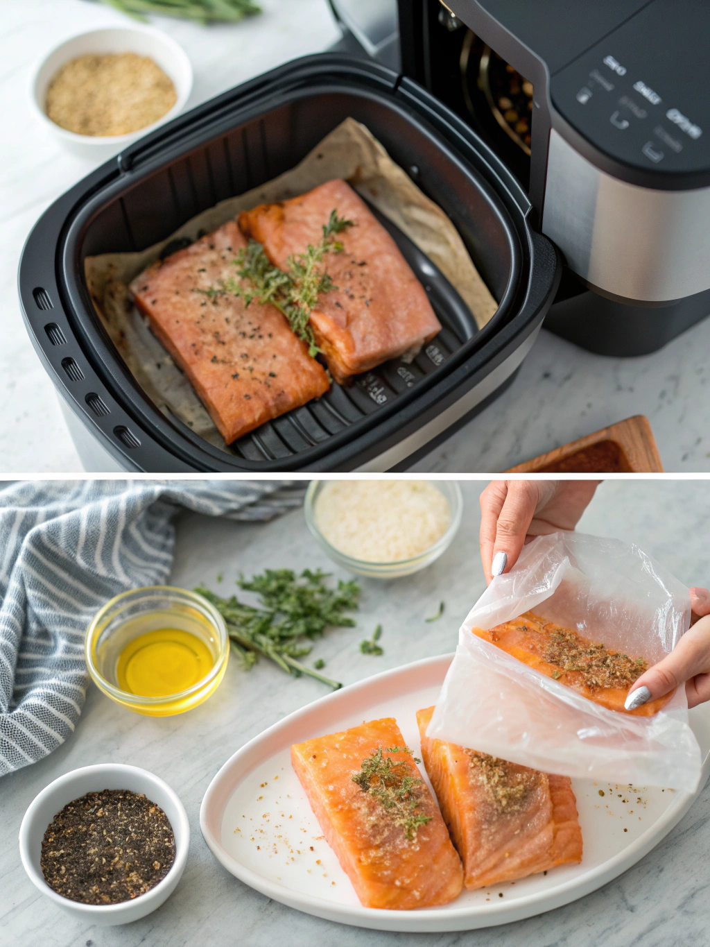 air fryer frozen salmon preparing steps