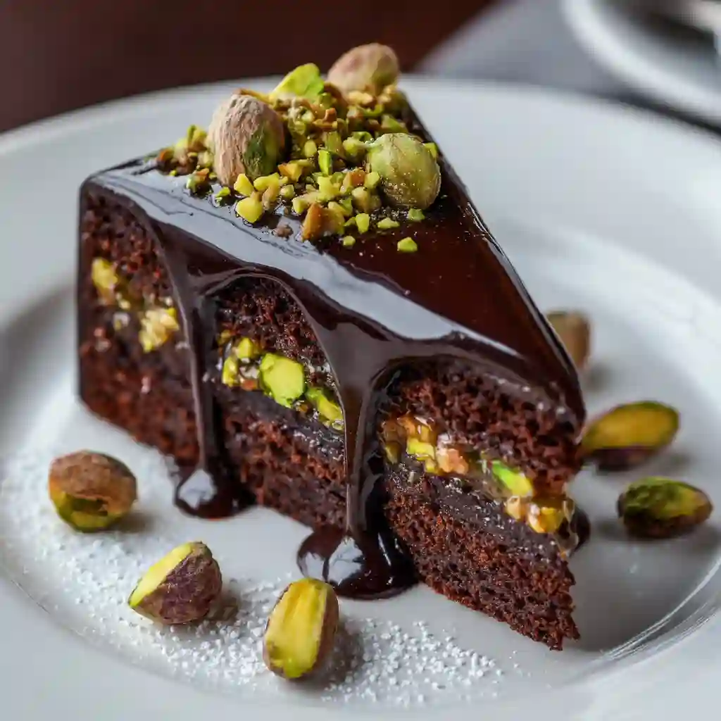 Luxury chocolate dessert in Dubai with rich ganache and pistachio topping