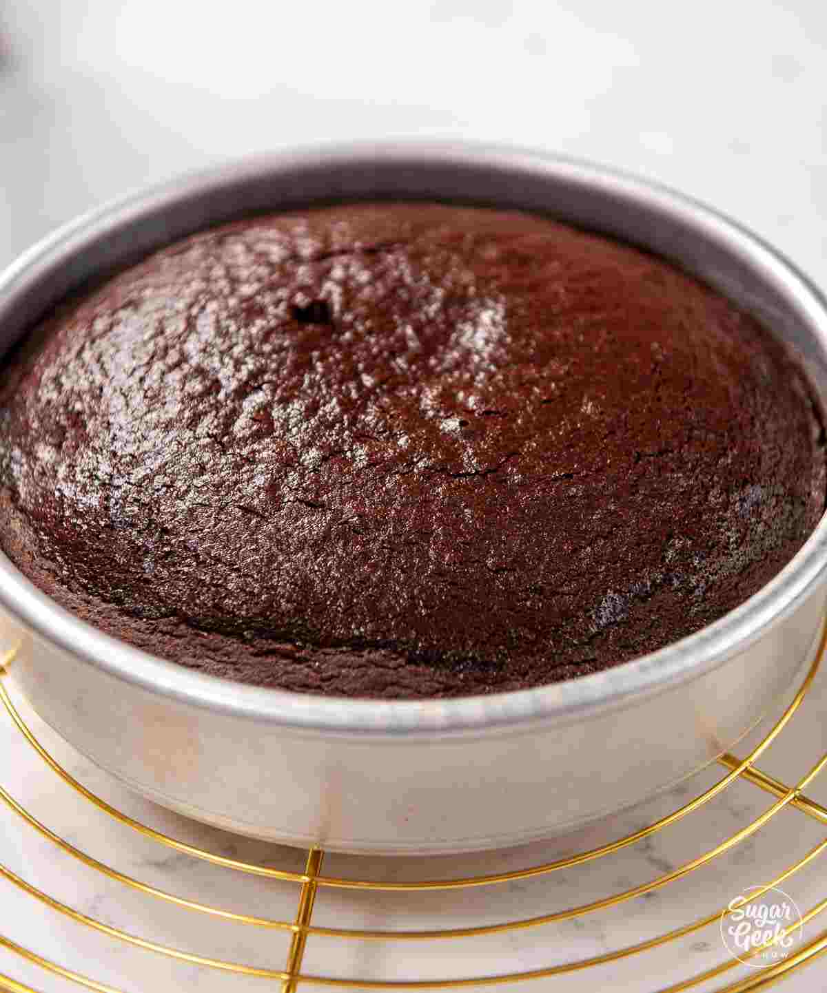 Freshly baked chocolate cake in a round silver cake pan, resting on a cooling rack