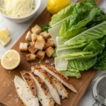 Fresh Caesar salad ingredients with grilled chicken slices, romaine lettuce, golden croutons, lemon, and creamy dressing arranged on a wooden board.