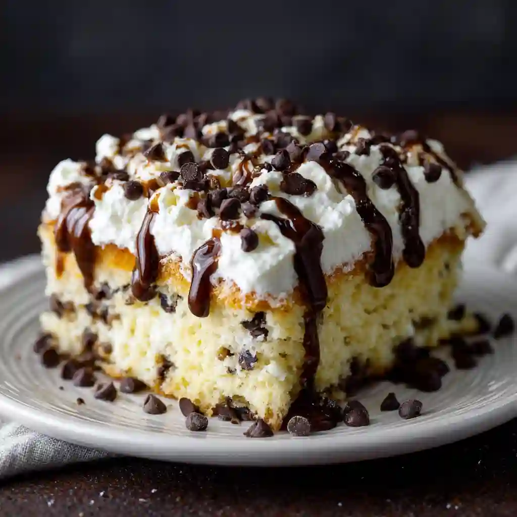 Slice of cannoli poke cake with creamy white filling, chocolate chips, caramel drizzle, and powdered sugar on white plate