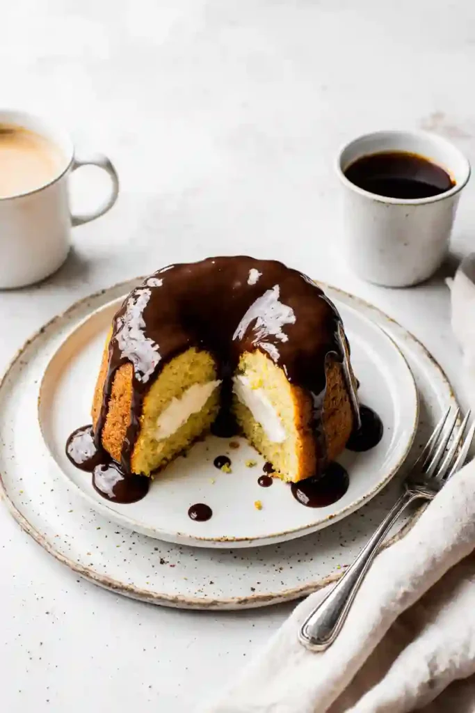 Easy Boston Cream Poke Cake 3 Easy Boston Cream Poke Cake on a rustic table with creamy filling, chocolate glaze, coffee cup, and fork in morning light.