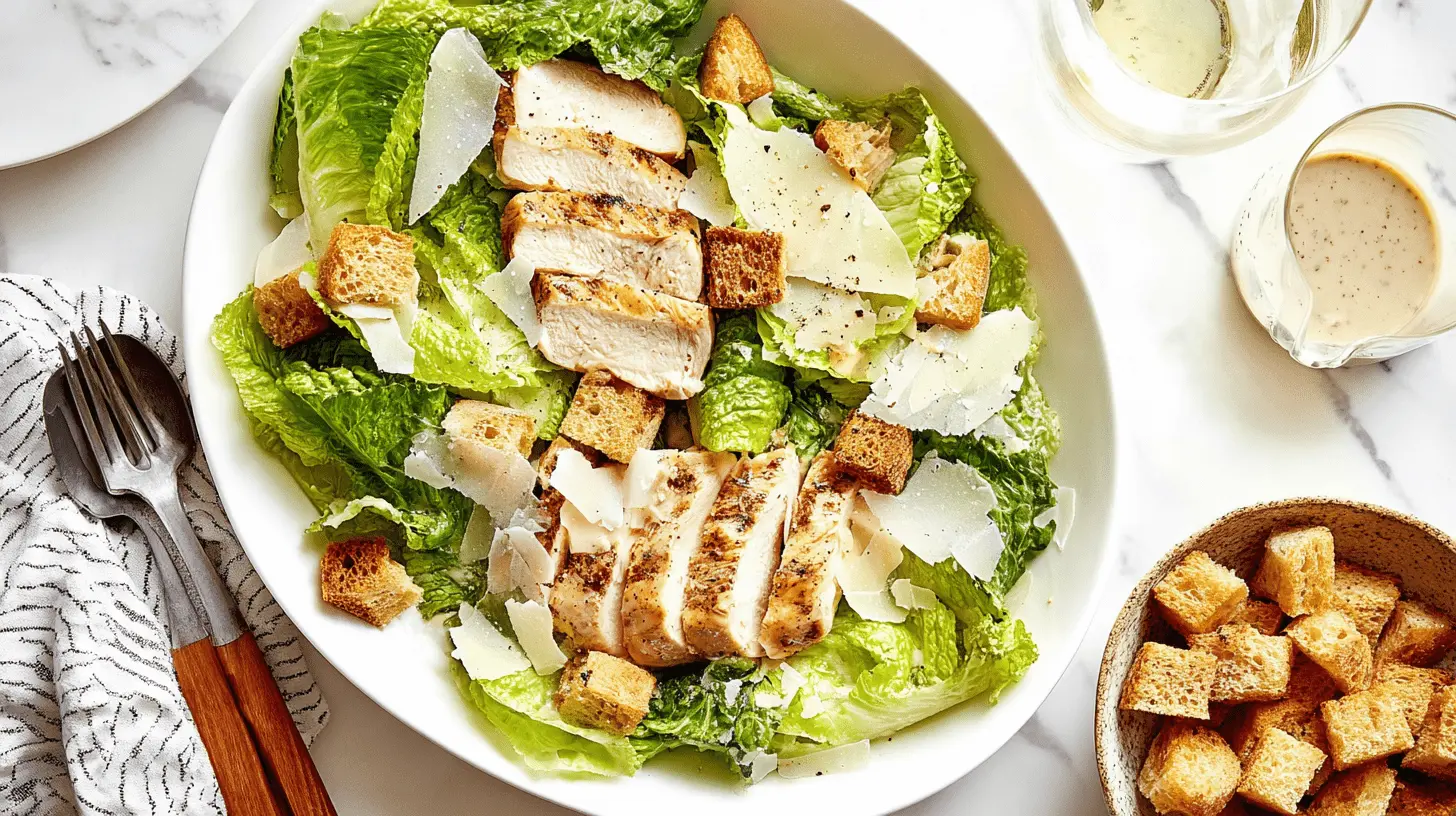 Appetizing chicken Caesar salad with a side of creamy caesar salad dressing, ready to enjoy.