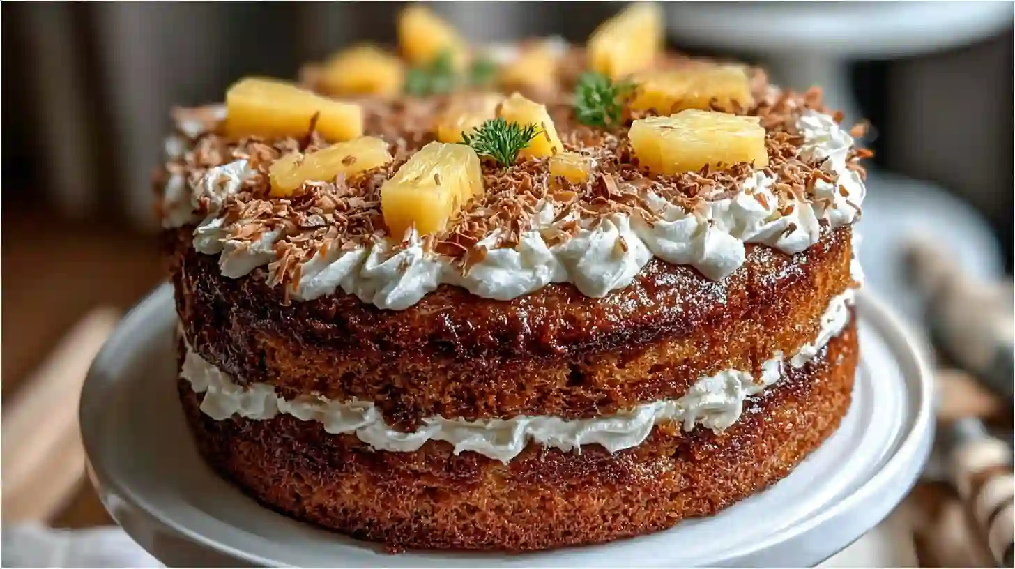 Pineapple cake recipe with whipped cream and toasted coconut topping