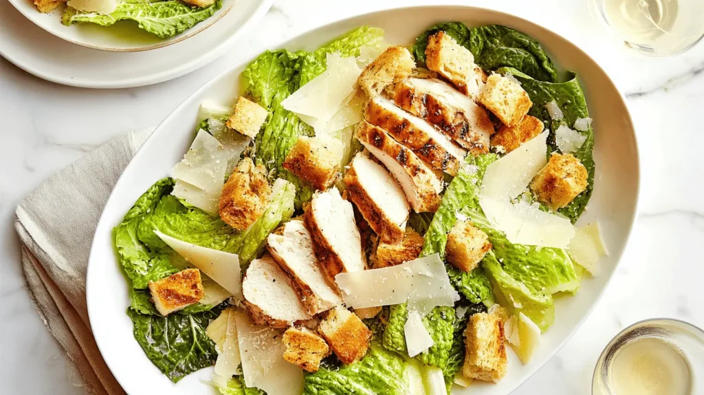 Overhead shot of a delicious grilled chicken caesar salad recipe on a white oval platter, featuring crisp romaine, golden croutons, and Parmesan shavings.