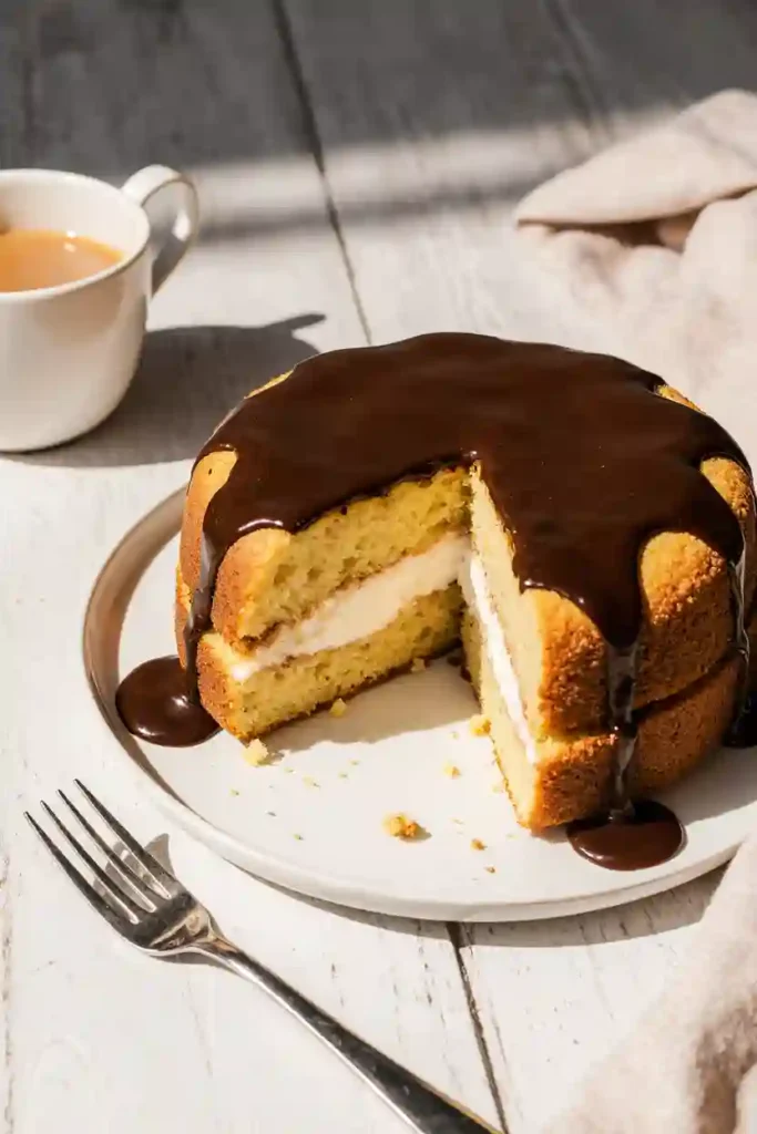 Easy Boston Cream Poke Cake on a rustic table with creamy filling, chocolate glaze, coffee cup, and fork in morning light.