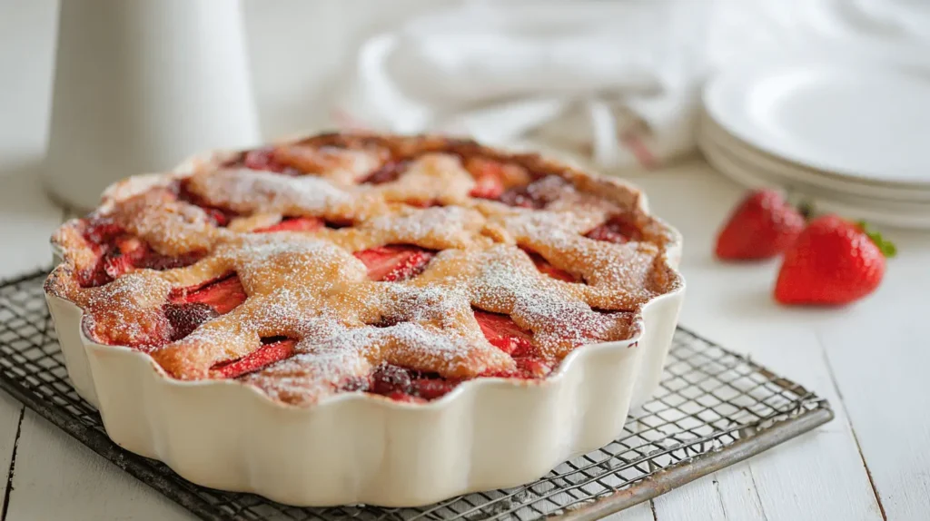 A delicious strawberry cake, presented as a fruit tart with a golden lattice crust, powdered sugar, and fresh strawberries.