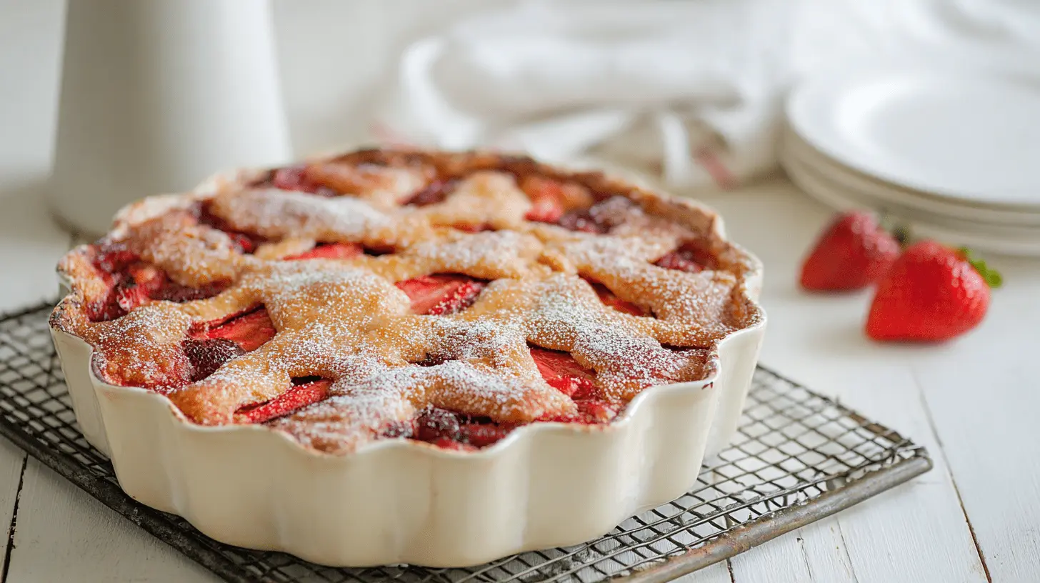 Fresh & Easy Strawberry Cake 2 A delicious strawberry cake, presented as a fruit tart with a golden lattice crust, powdered sugar, and fresh strawberries.
