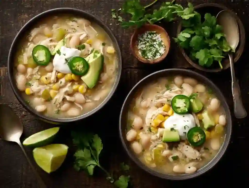 Bowls of creamy white chicken chili topped with cilantro, lime wedges, and sliced jalapeños.