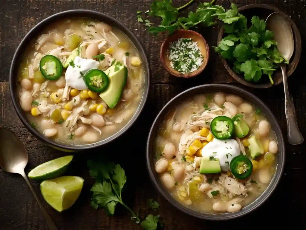 The Best Slow Cooker White Chicken Chili Recipe 2 A hearty bowl of slow cooker white chicken chili, topped with avocado slices, fresh cilantro, jalapeños, and a dollop of sour cream, served with lime wedges on the side.