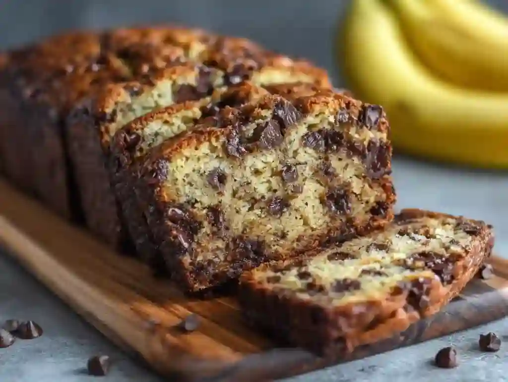 Freshly baked chocolate banana bread loaf on a wooden board, topped with melted chocolate and sliced bananas.
