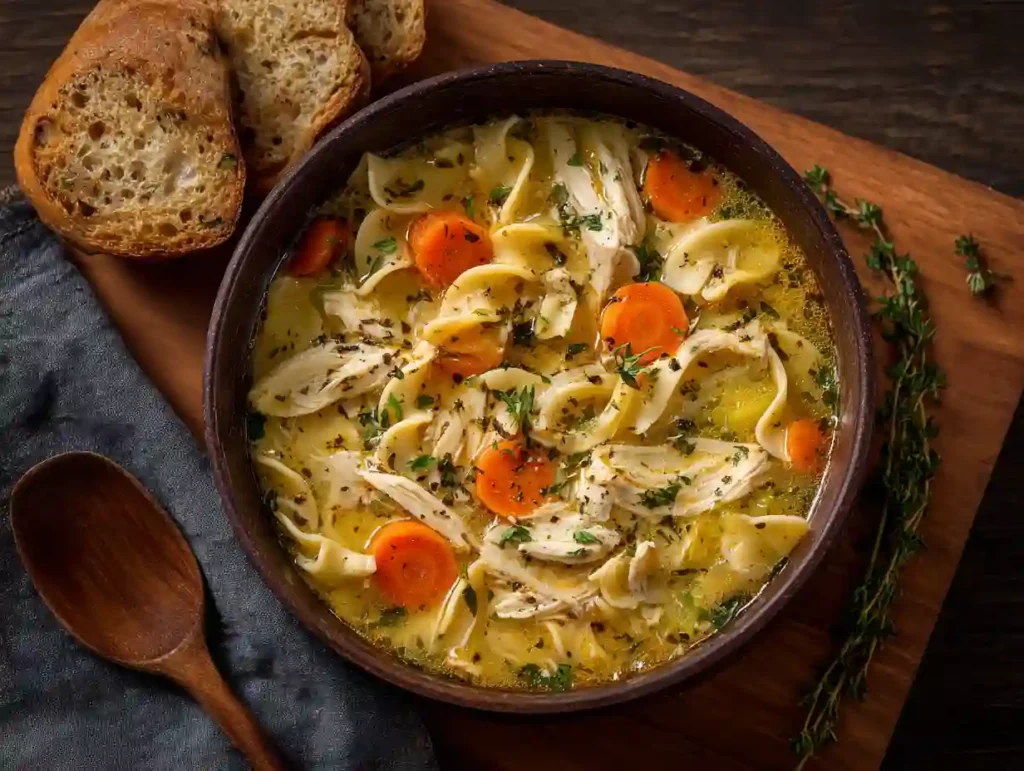 Classic Homemade Chicken Noodle Soup Recipe 2 A bowl of classic homemade chicken noodle soup with tender shredded chicken, egg noodles, carrots, celery, and parsley in a golden broth.