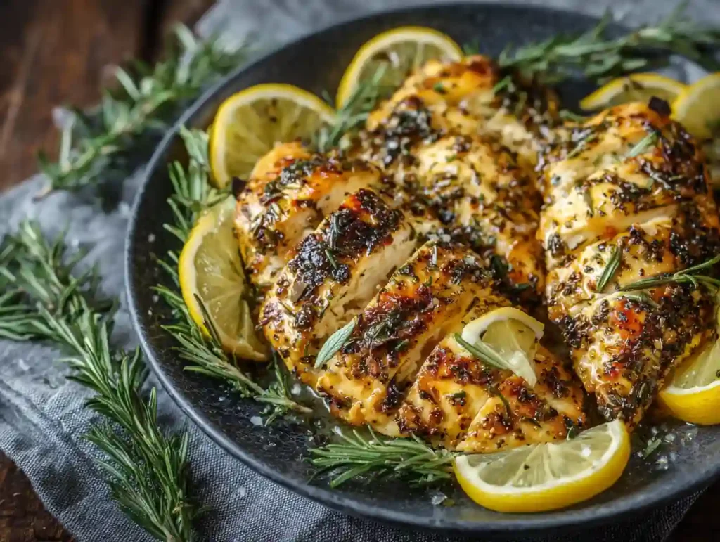Delicious & Easy One-Pan Lemon Herb Chicken Breast Recipes 2 Close-up of juicy one-pan lemon herb chicken breasts, golden brown with a buttery garlic and lemon sauce, garnished with fresh herbs and lemon slices, served in a skillet easy weeknight dinner recipe.