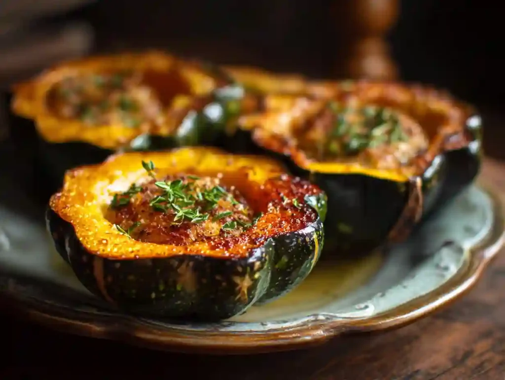 Roasted acorn squash halves with caramelized edges, brushed with butter and herbs on a baking tray.