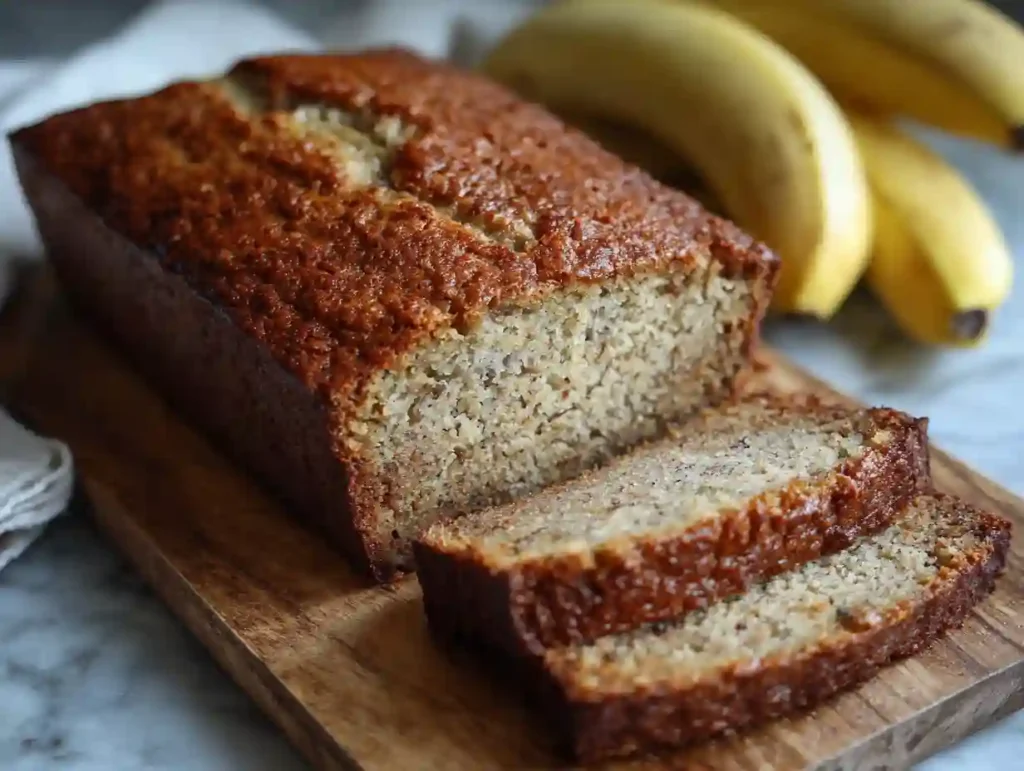 Freshly baked banana bread loaf on a wooden board, sliced to show its soft, moist texture with ripe bananas in the background.