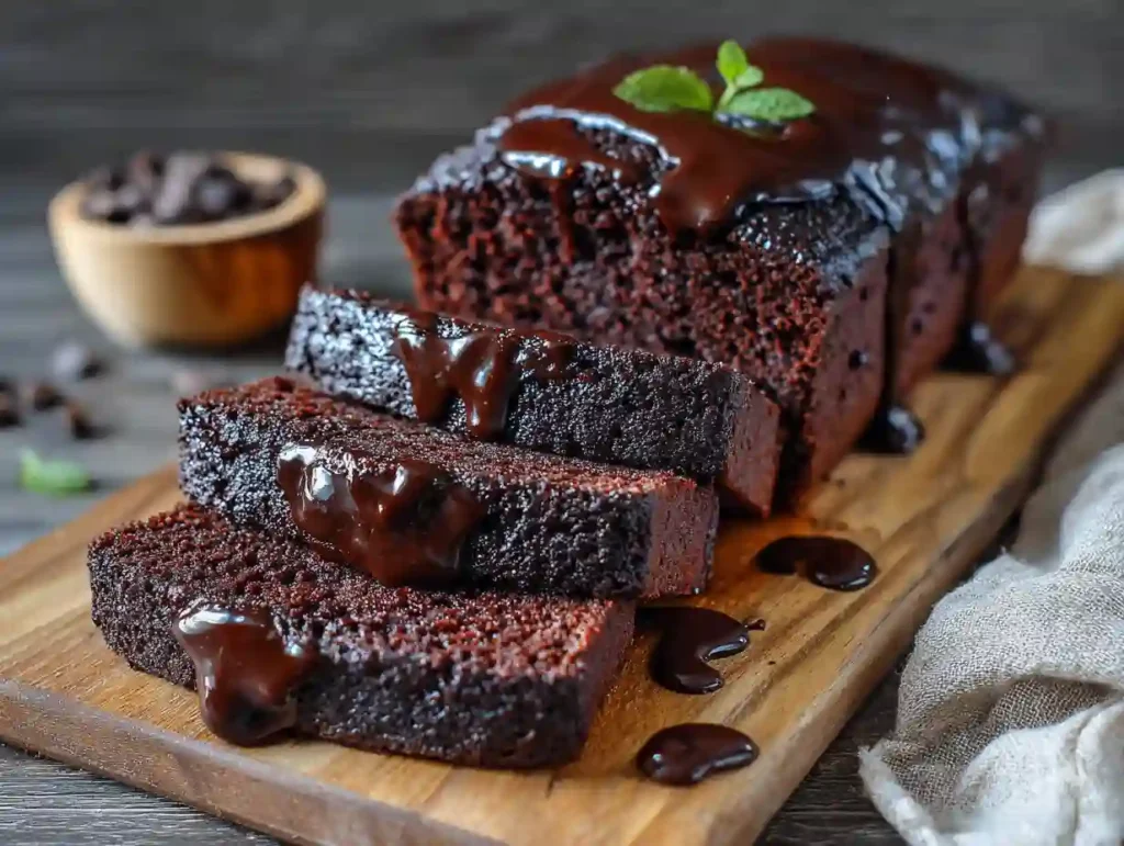 Moist chocolate loaf cake topped with glossy chocolate ganache, sliced to show its rich and fudgy texture, served on a white plate with a cup of coffee beside it.