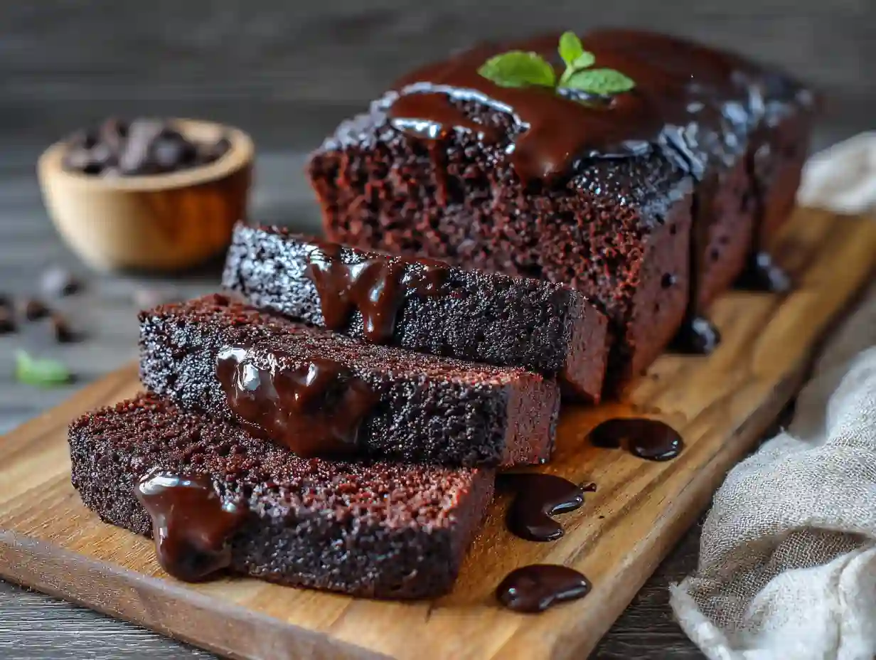 Moist chocolate loaf cake topped with glossy chocolate ganache, sliced to show its rich and fudgy texture, served on a white plate with a cup of coffee beside it.