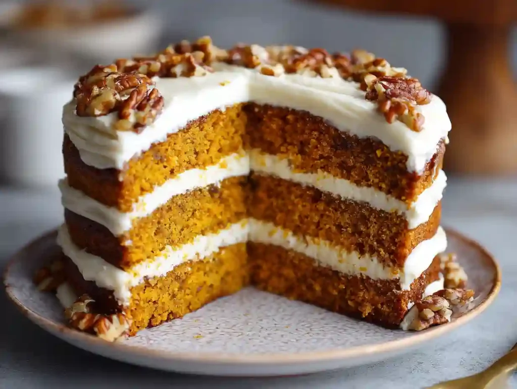 The Ultimate Moist Pumpkin Cake with Cream Cheese Frosting 2 A slice of moist pumpkin cake topped with creamy white cream cheese frosting, sprinkled with cinnamon, and served on a white plate. The full cake is in the background on a rustic wooden table, surrounded by fall decorations like pumpkins and leaves.