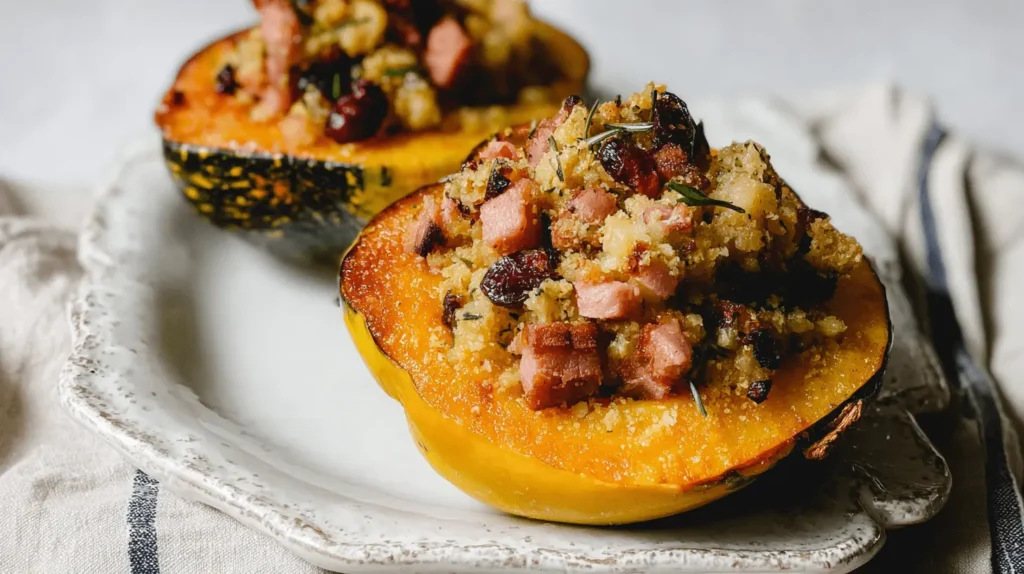 Two halves of beautifully prepared stuffed acorn squash with ham, cranberries, and rosemary, inspiring delicious acorn squash recipes.