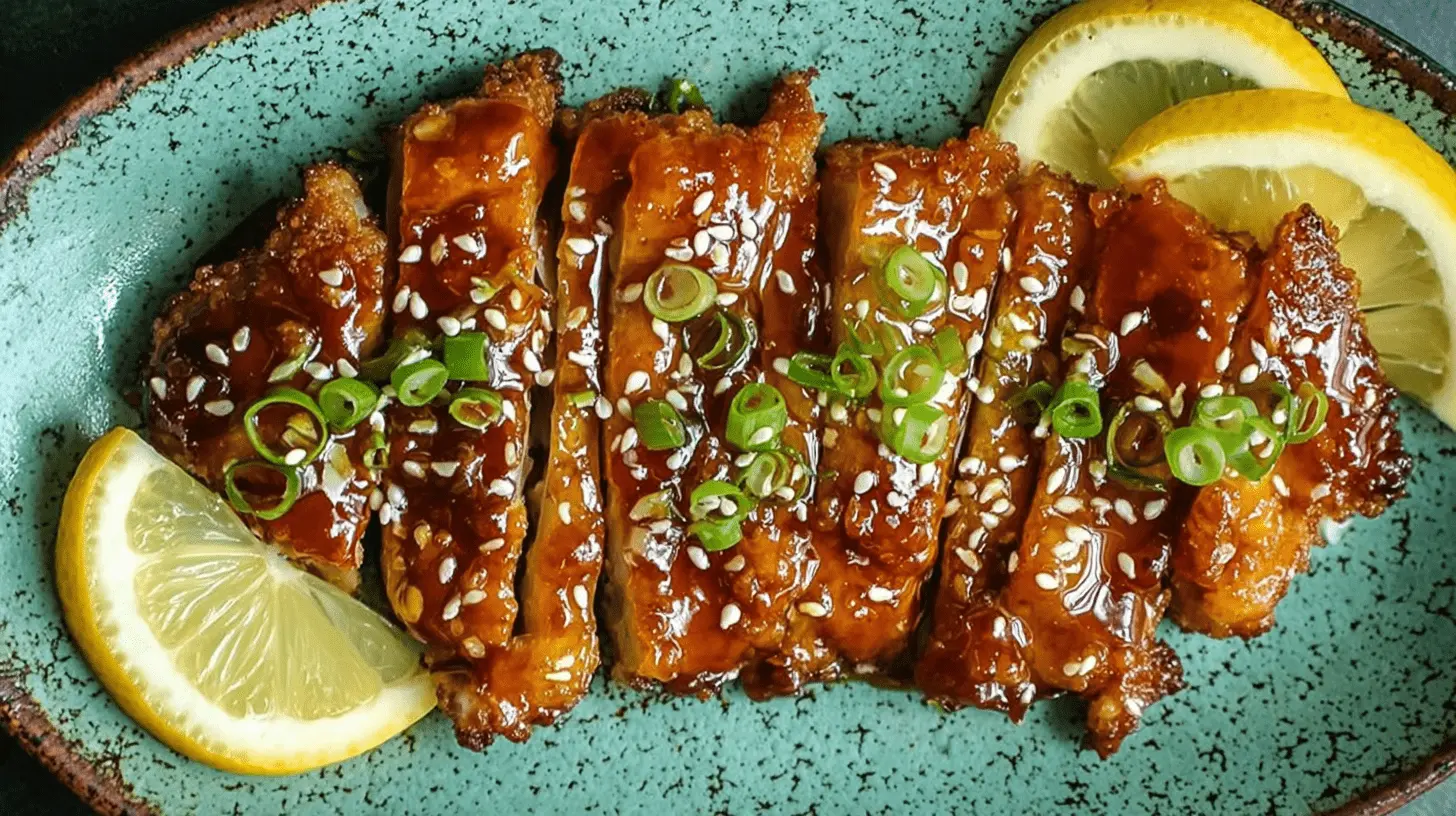 Easy Sesame Chicken: A Delicious Asian Chicken Recipe 2 Crispy glazed chicken, a highlight of many Asian chicken recipes, served on a unique teal plate with sesame seeds, green onions, and lemon.