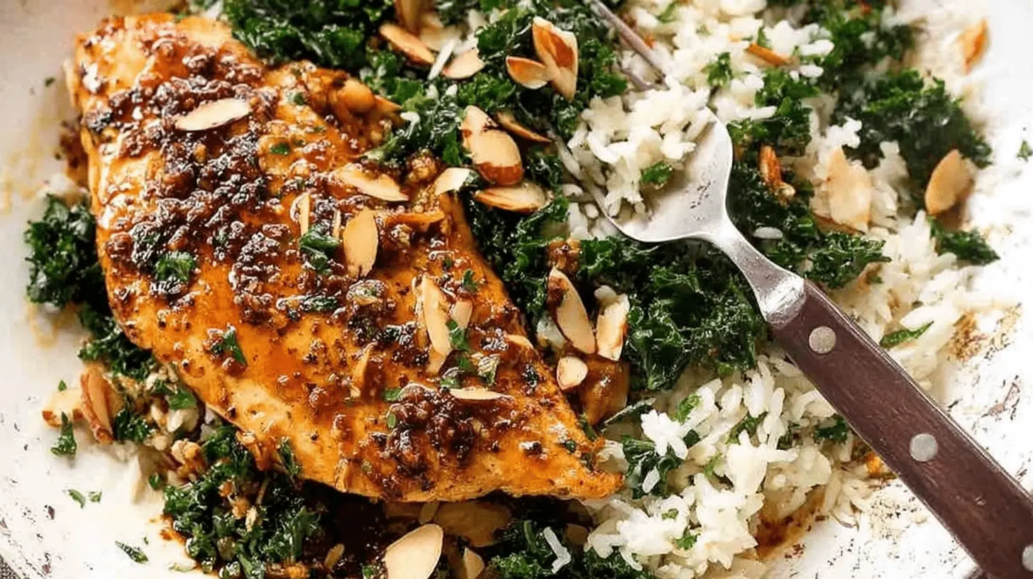 Perfectly Juicy Baked Chicken Breast: Your Go-To Baked Chicken Recipe 2 Golden-brown glazed baked chicken breast with almonds, rice, and kale, showcasing delicious baked chicken recipes.