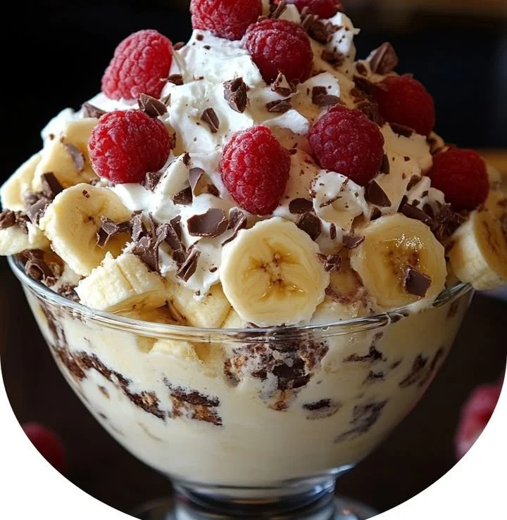 Delicious Banana Split Fluff dessert topped with whipped cream and cherries.