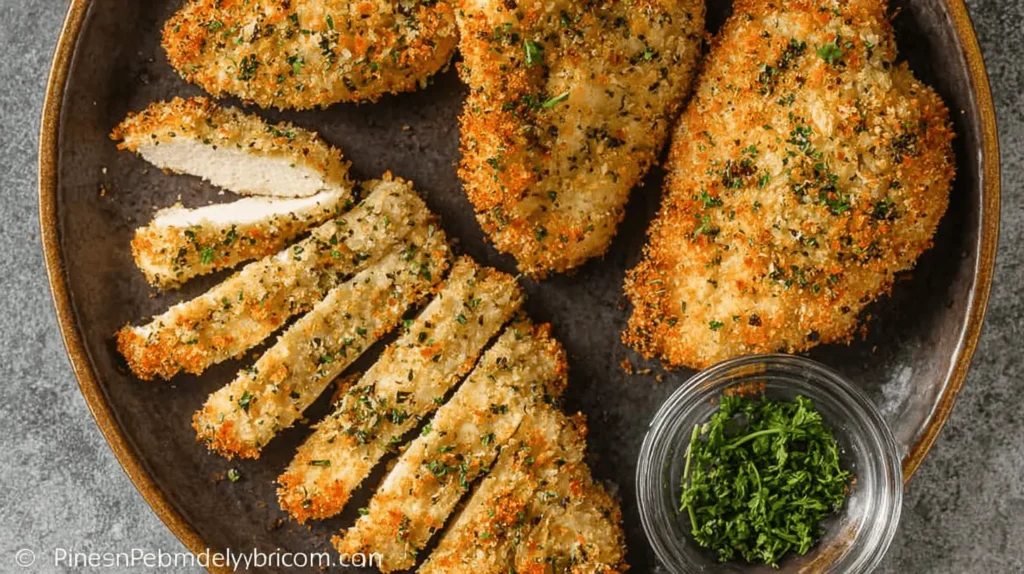 Overhead view of crispy, golden breaded chicken pieces with fresh parsley, inspiring delicious breaded chicken recipes.