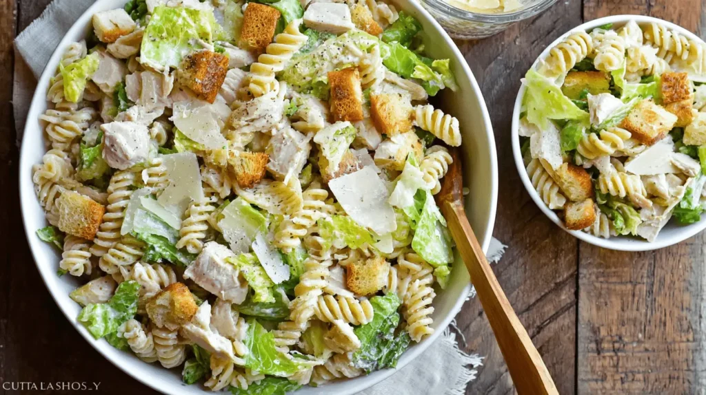 Overhead view of a delicious chicken caesar pasta salad recipe in a large white bowl, featuring fusilli, chicken, romaine, croutons, and Parmesan on a rustic wooden table.