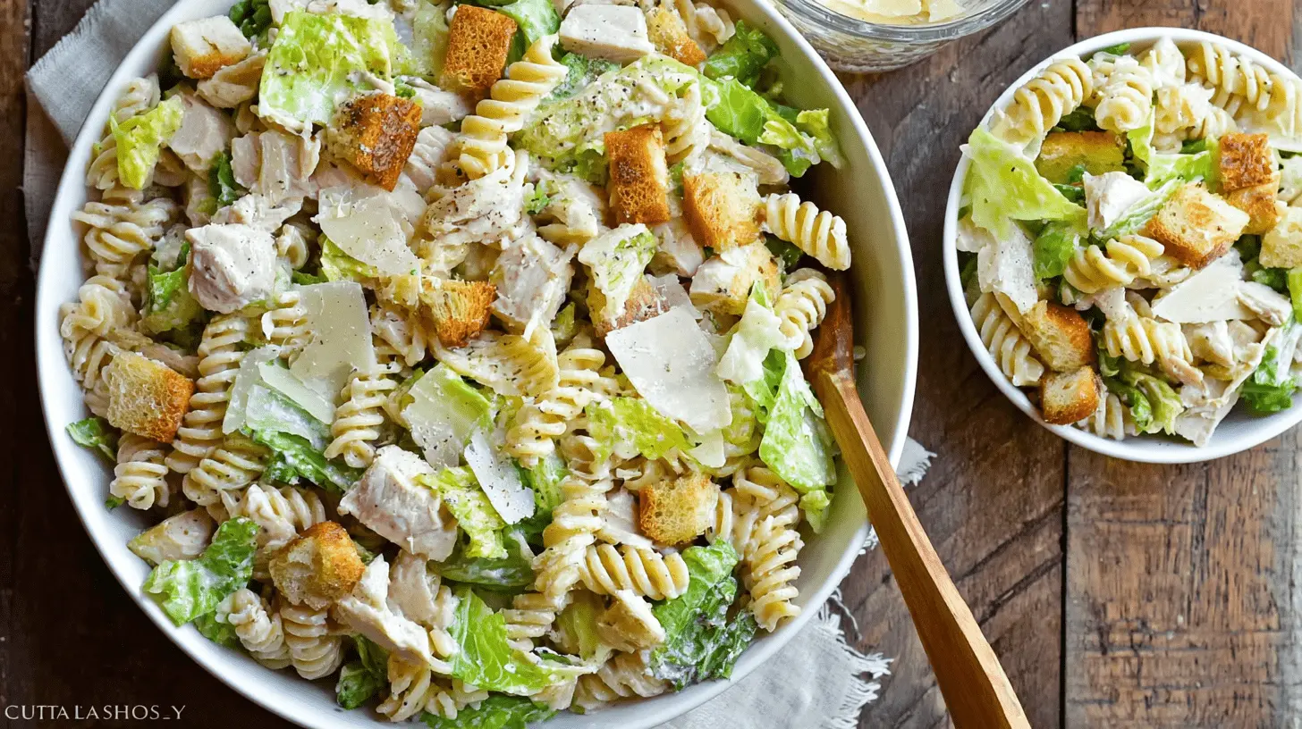 Easy & Ultimate Chicken Caesar Pasta Salad Recipe 2 Overhead view of a delicious chicken caesar pasta salad recipe in a large white bowl, featuring fusilli, chicken, romaine, croutons, and Parmesan on a rustic wooden table.