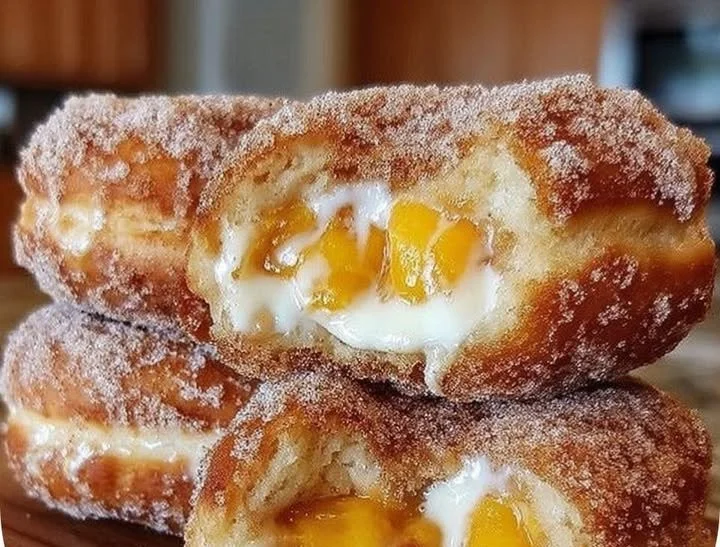 Delicious classic peach cobbler cheesecake donuts topped with fresh peaches and crumble.