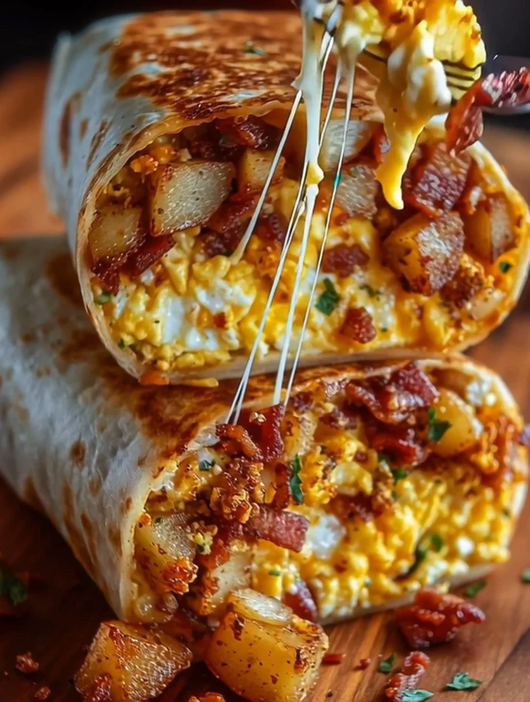 Crispy bacon breakfast burrito filled with eggs, cheese, and fresh ingredients.