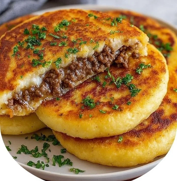 Crispy mashed potato pancakes with a savory meat filling served on a plate