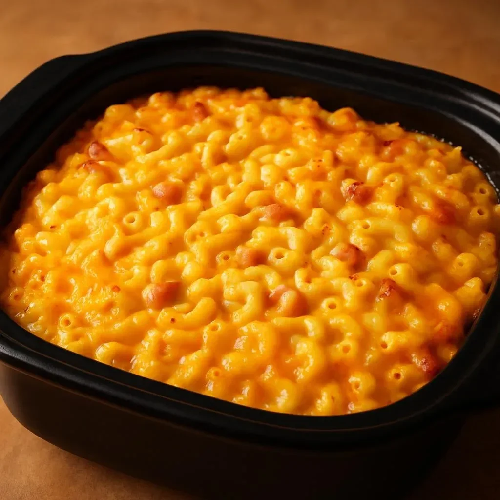 Tender Crock Pot Ham served with macaroni and cheese on a plate