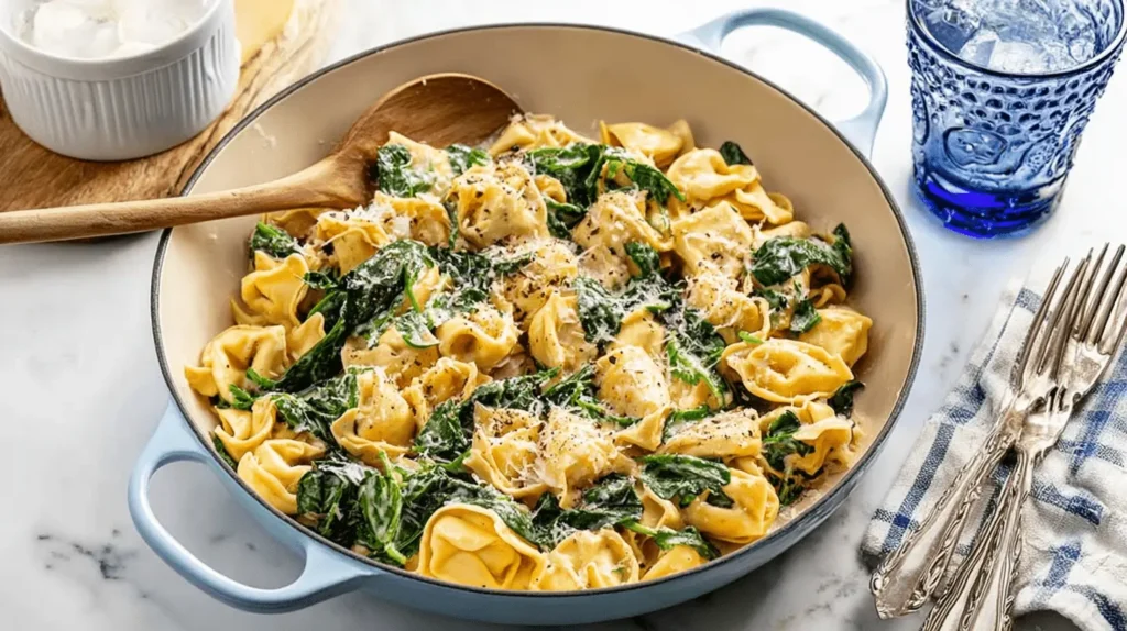 Overhead view of a creamy tortellini and spinach pasta dish in a blue pan, perfect for easy dinner ideas.