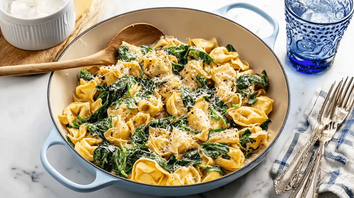 Easy Dinner Ideas: Quick & Delicious Meals for Busy Nights 2 Overhead view of a creamy tortellini and spinach pasta dish in a blue pan, perfect for easy dinner ideas.