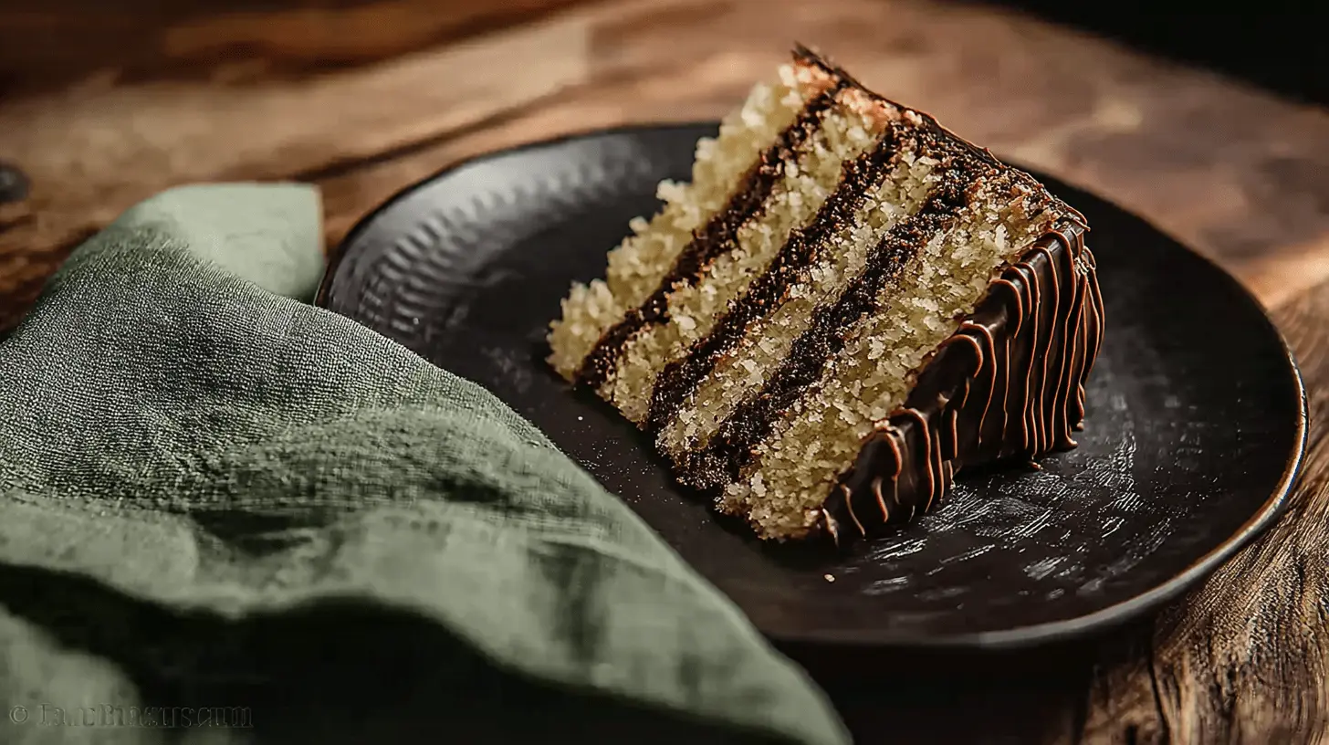 The Ultimate Gluten Free Cake Recipe: Light, Moist & Delicious! 2 Appetizing slice of layered chocolate cake from a gluten free cake recipe, beautifully presented on a dark plate.