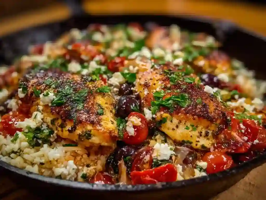 Mediterranean-style chicken cooked with tomatoes, olives, and herbs in a skillet, garnished with parsley.