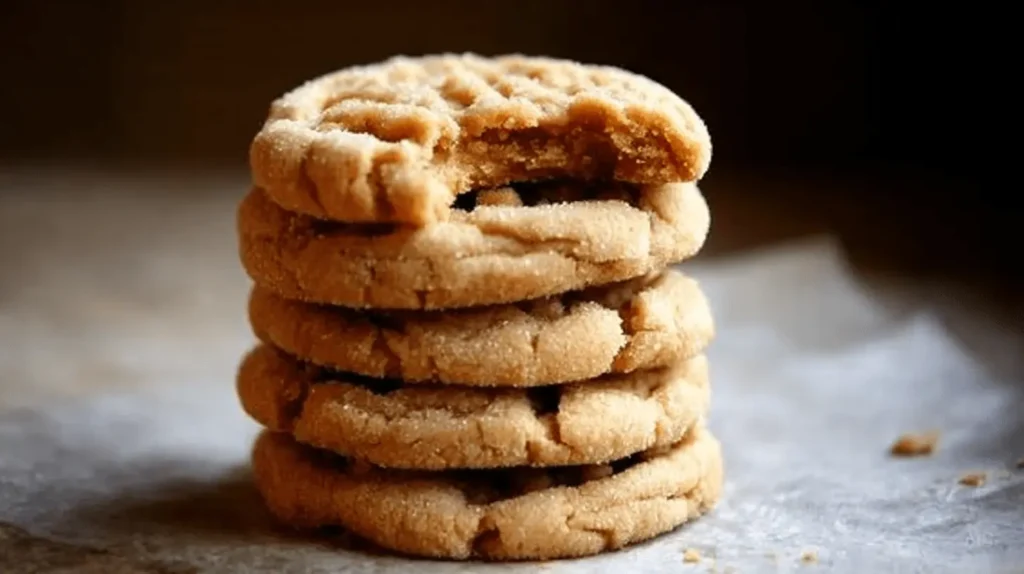 A stacked pile of golden-brown peanut butter cookies, with the top one showing a bite, hinting at a delicious peanut butter cookies recipe.
