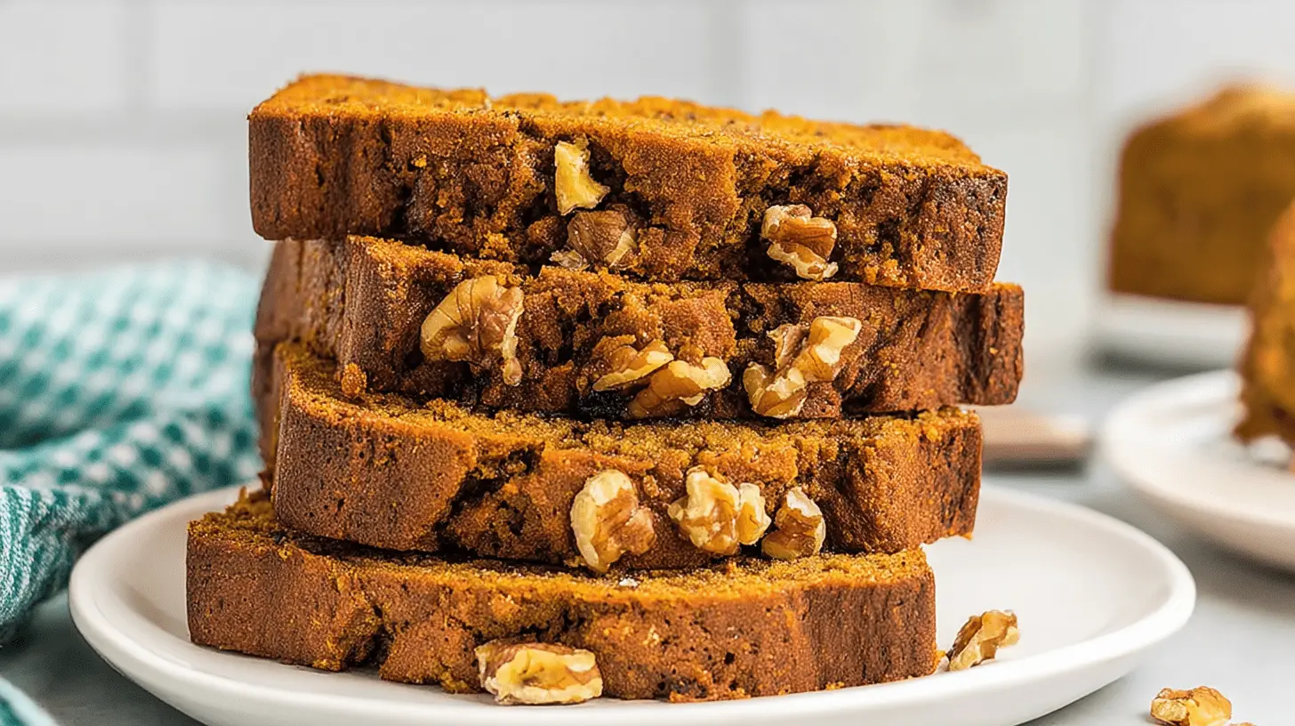 Delicious Pumpkin Banana Bread Recipe: A Fall Favorite 2 Delicious slices of walnut-speckled Pumpkin Banana Bread Recipe on a white plate.