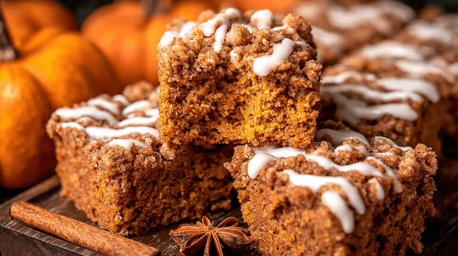 Delicious Pumpkin Coffee Cake with Maple Cream Cheese Drizzle 2 Close-up of delicious squares of pumpkin coffee cake with streusel topping and white glaze on a rustic wooden board, accompanied by autumn spices and blurred pumpkins.