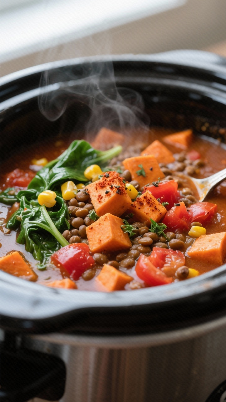 Set It, Forget It, Devour It: The Only Vegetarian Crockpot Recipes You’ll Actually Crave 2 Close-up detail: A simmering vegetarian crockpot stew with tender orange sweet potato cubes, earthy
