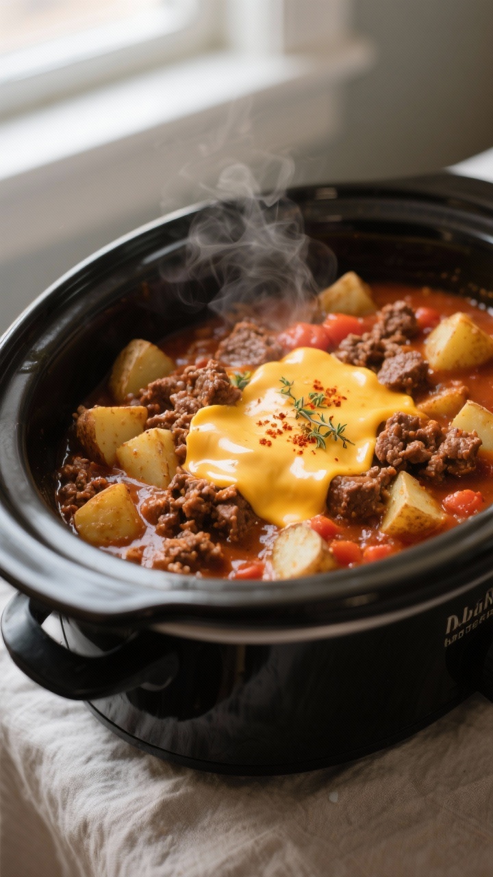 Hamburger Crockpot Recipes That Practically Cook Themselves (and Taste Like a Weeknight Win) 2 Close-up detail: Crockpot hamburger and potatoes mid-simmer, tender russet cubes nestled in a rich,