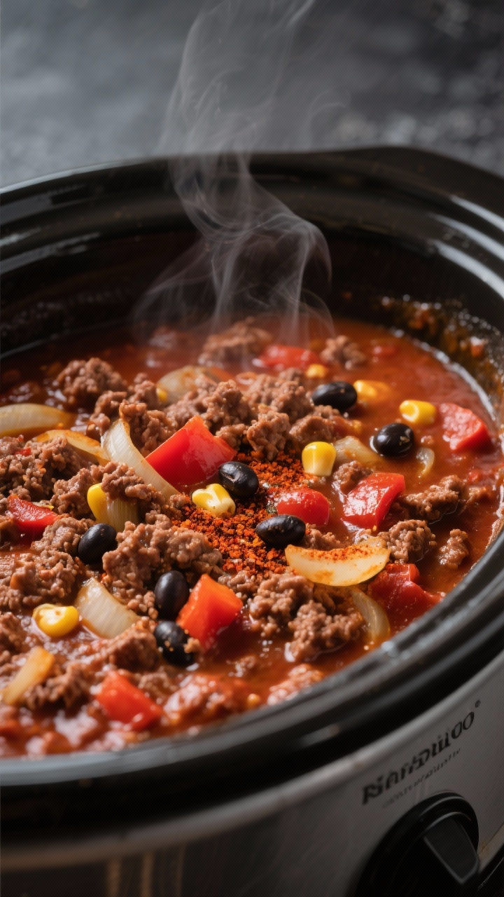 The Only Ground Beef Crockpot Recipe You’ll Ever Need (Set It, Forget It, Devour It) 2 Close-up detail: Deep, saucy ground beef crockpot mixture mid-simmer in the slow cooker, showing glo
