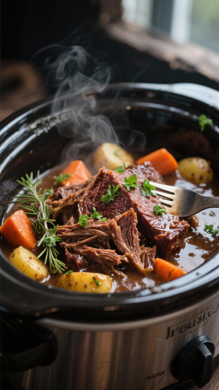 The Only Beef Roast Crockpot Recipe You’ll Ever Need (Set It, Forget It, Devour It) 2 Close-up detail: Fork-tender shredded chuck roast glistening in glossy beef gravy inside a slow cook