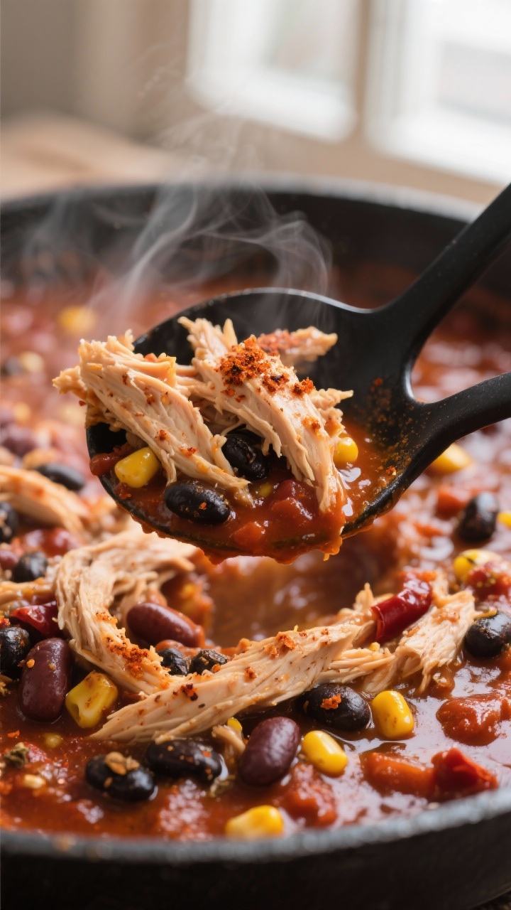 This Chicken Chili Crockpot Recipe Turns Weeknights Into “Set It & Forget It” Legend Status 2 Close-up detail of shredded chicken chili just after shredding and stirring back in: tender strands