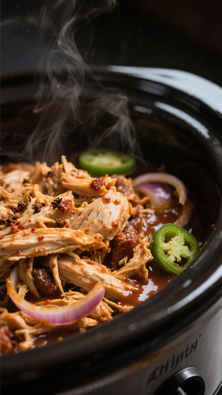 Low Carb High Protein Crockpot Recipes That Practically Meal Prep Themselves (And Taste Like a Cheat Day) 2 Close-up detail: Shredded Chipotle Lime Chicken just returned to the crockpot, glistening with reduc