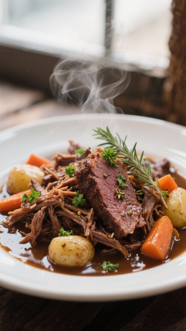 The Set-It-and-Stun-Them Guide to Roast Crockpot Recipes: Zero Stress, Maximum Flavor 2 Close-up detail: Shredded chuck roast nestled with tender baby potatoes and chunky carrots in a glos